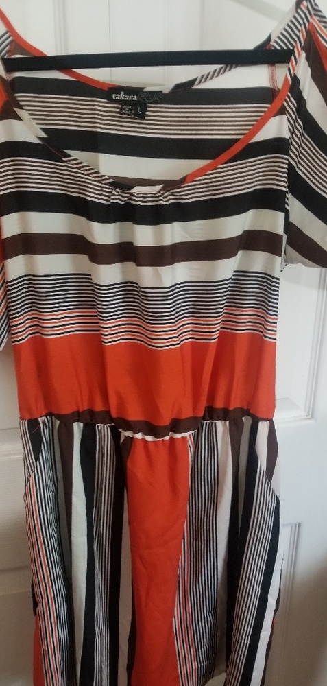 Black, white, and orange stripped dress
